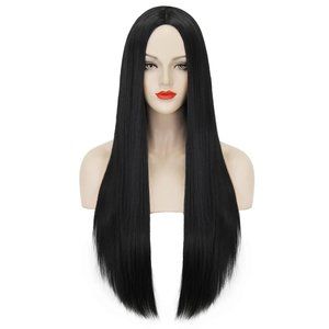 NEW - MERSI Morticia Addams Long Black Wig 27"